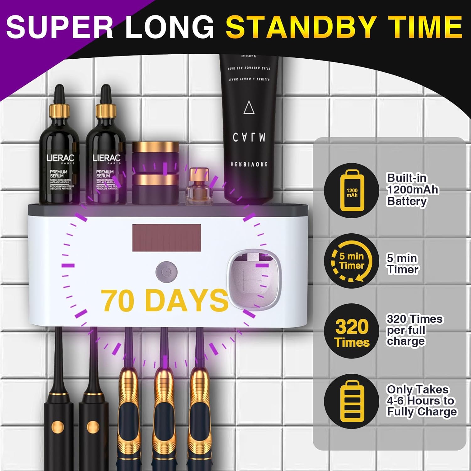 Wall Mounted Toothbrush Holder with Toothpaste Dispenser Electric Toothbrush Holder for Bathroom Solar Charging and No Drilling Required Smart Toothbrush Organizer with 5 Brush Slots