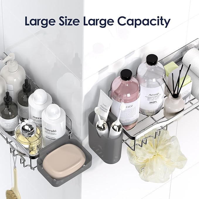 Shower Caddy Adhesive Shower Organizer 7-Pack, Rustproof Stainless Steel Bathroom Shelves, Large Capacity No-Drill Rack Storage Accessories with Soap Dish Toothbrush Holder Hooks (Silver)