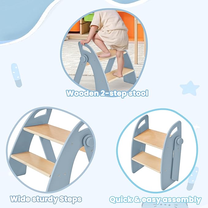 Wooden Step Stool, Two Step Stools, 300 lb. Load Capacity, with Safety Non-Slip Pads and Handles, Bamboo Step Stool for Bathroom and Kitchen, Children's Christmas Gift（Blue）