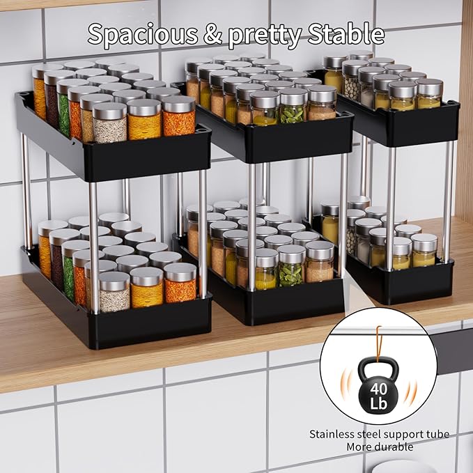 3 Pack Under Sink Organizers and Storage, 2 Tier Bathroom Cabinet Organizer Shelf with Hanging Cups for Kitchen & Bathroom (Black)