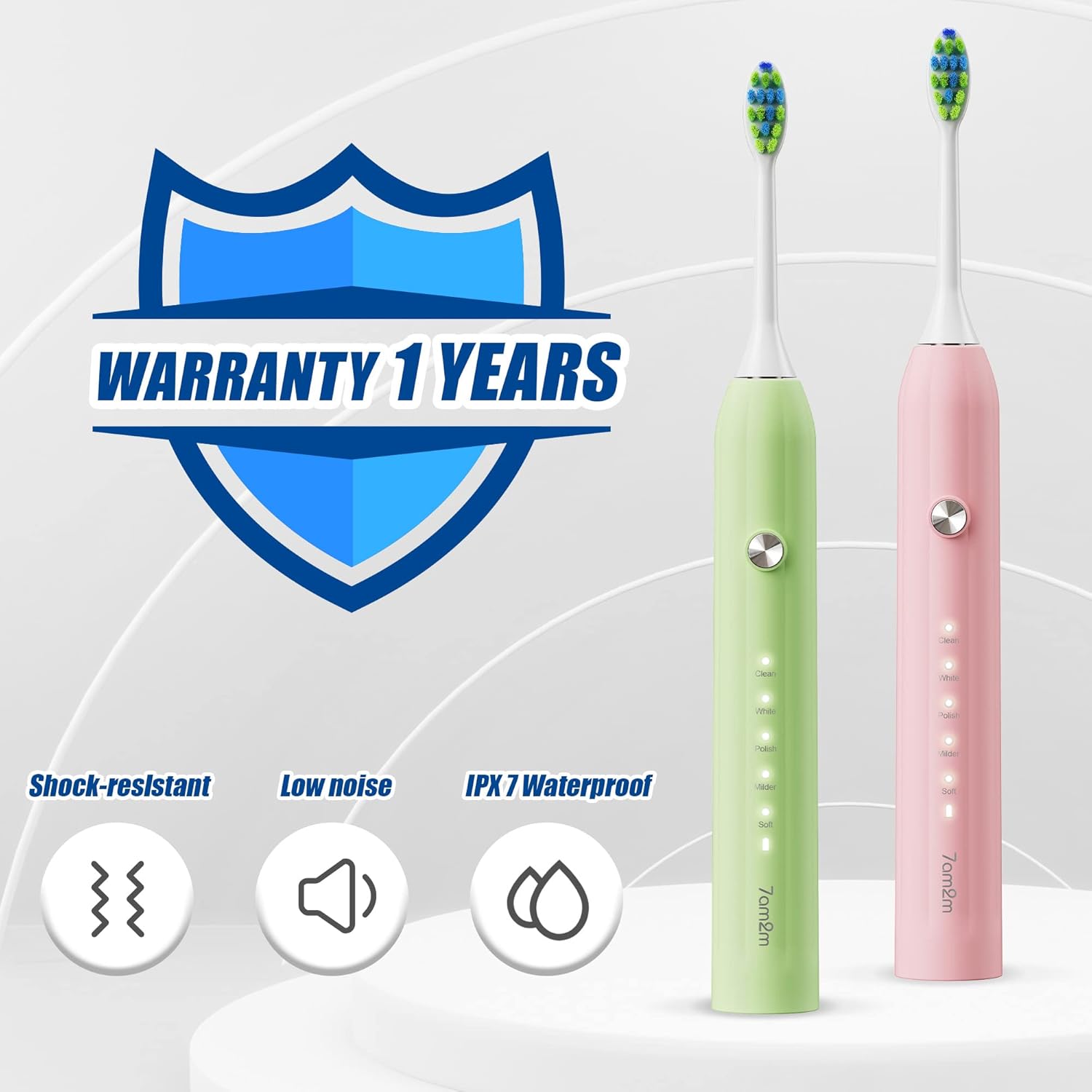 7AM2M Rechargeable Sonic Electric Toothbrush 2 Pack, Soft Toothbrushes for Adults and Kids with 12 Brush Heads, IPX7 One Charge Use for 60 Days, 5 Modes with 2 Minutes Build in Smart Timer
