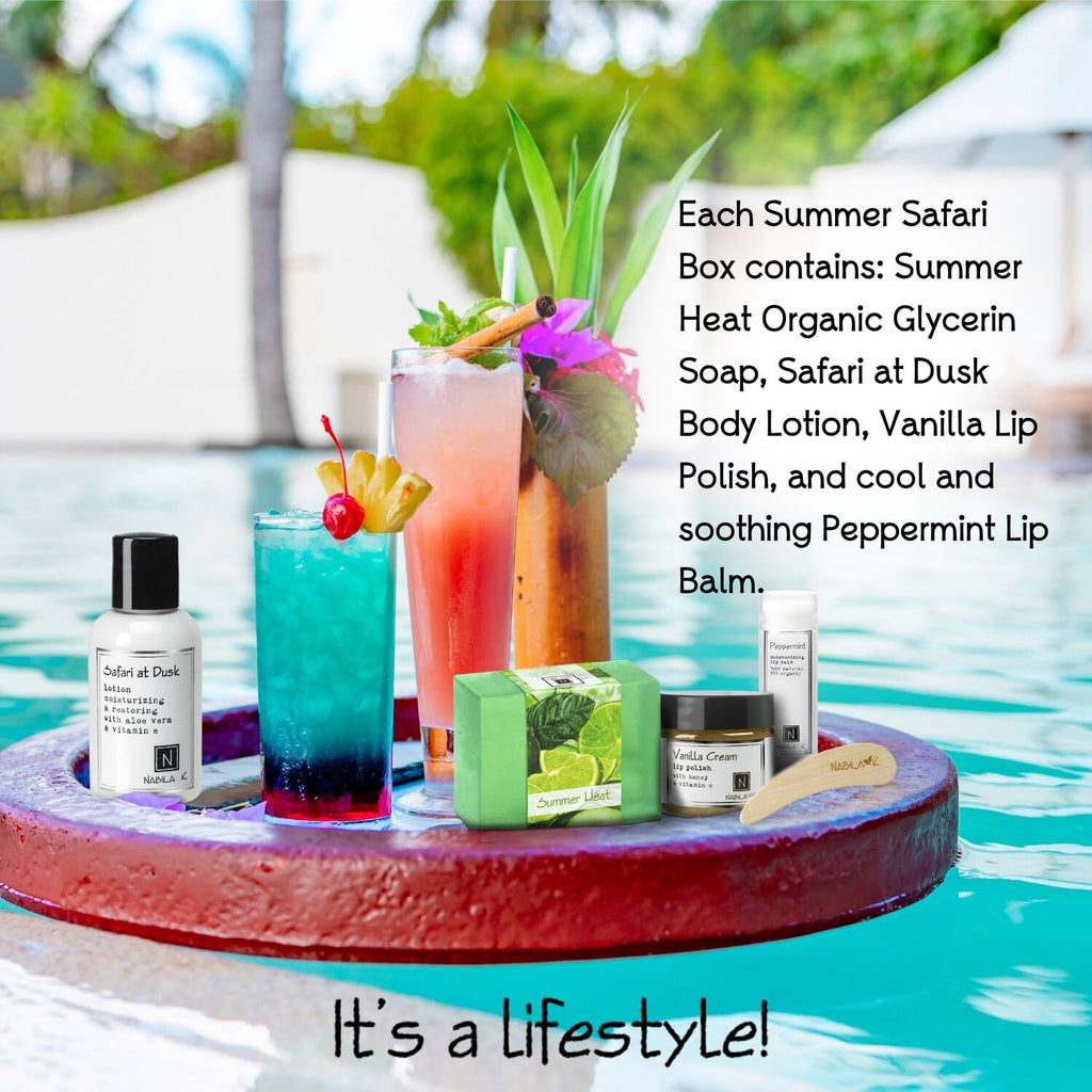 Nabila K Summer Safari Gift Set – Includes Summer Heat Soap, Safari at Dusk Body Lotion, Vanilla Cream Lip Polish & Peppermint Lip Balm – Luxury Bath & Body Kit for Women & Men – Ready-to-Gift Spa Box