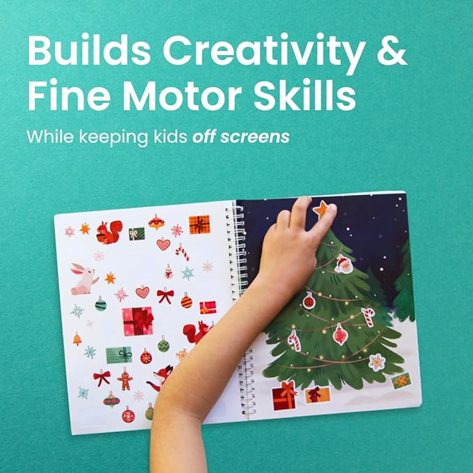 CUPKIN Holly Jolly Holiday Stickers for Kids Toddler Sticker Book, Santa Christmas Activity Book, Toddler Travel Essentials, 300+ Christmas Stickers + 8 Sticker Scenes and Coloring Pages, Ages 2+