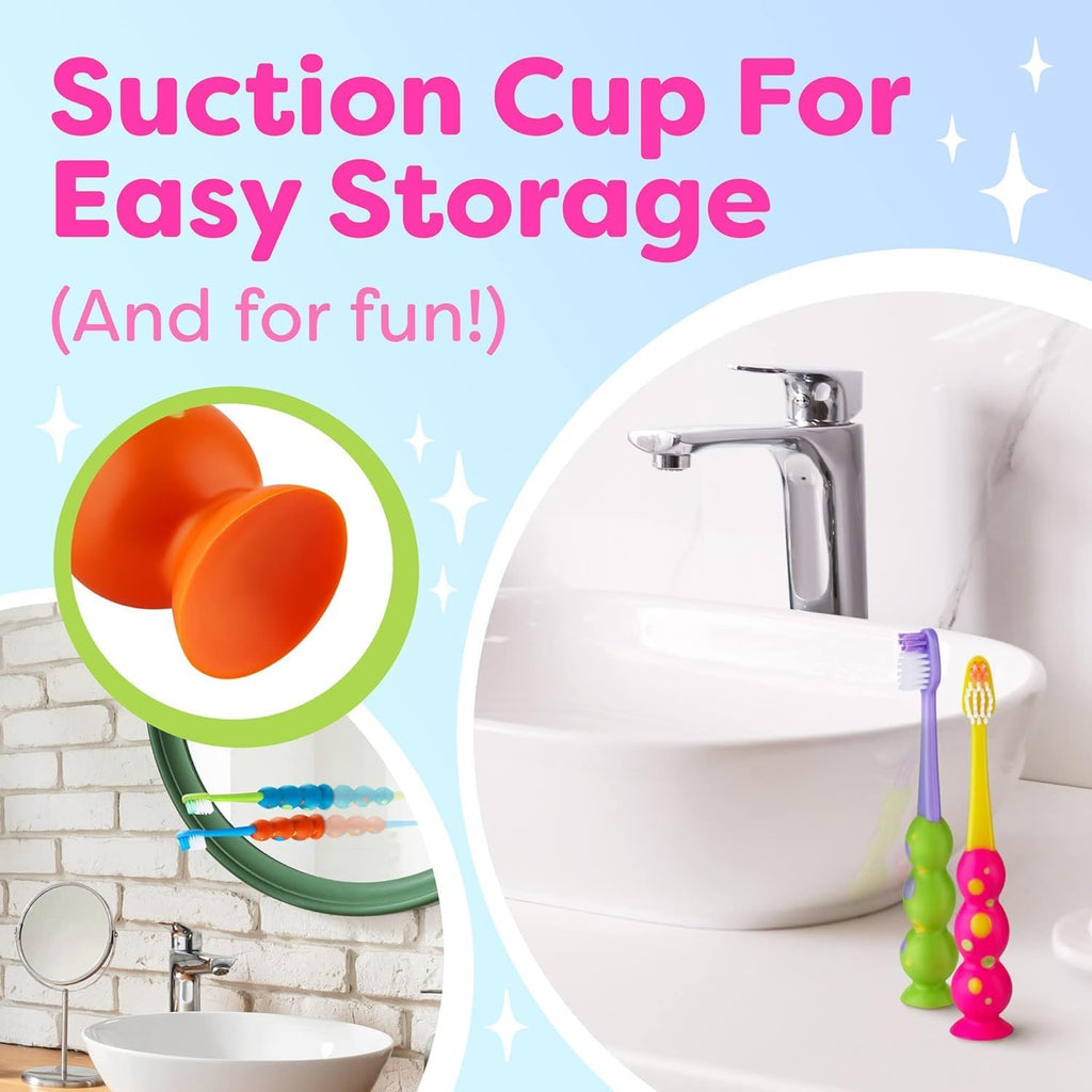 Trueocity Kids Toothbrush 8 Pack - Soft Contoured Bristles - Child Sized Brush Heads (3-10 Year Old) - Suction Cup for Fun & Easy Storage - Girl & Boy Set (8-Pack, Multi-Color)