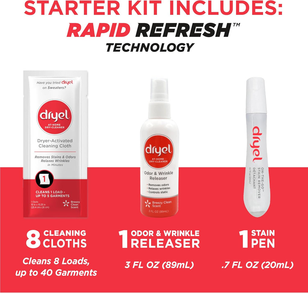 dryel At-Home Dry Cleaner Starter Kit with Wrinkle Release Spray, New and Improved, Gentle Laundry Care for Special Fabrics and Dry-Clean-Only Clothes, 8 Loads with On-the-Go Stain Remover