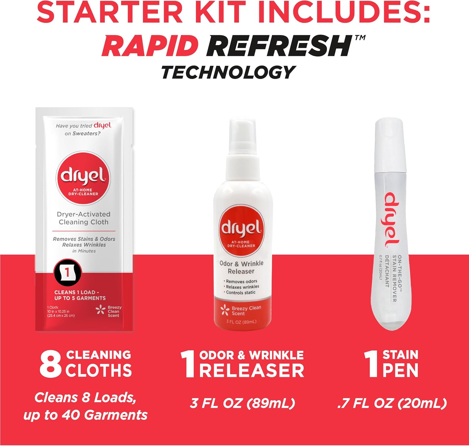 dryel At-Home Dry Cleaner Starter Kit with Wrinkle Release Spray, New and Improved, Gentle Laundry Care for Special Fabrics and Dry-Clean-Only Clothes, 8 Loads with On-the-Go Stain Remover