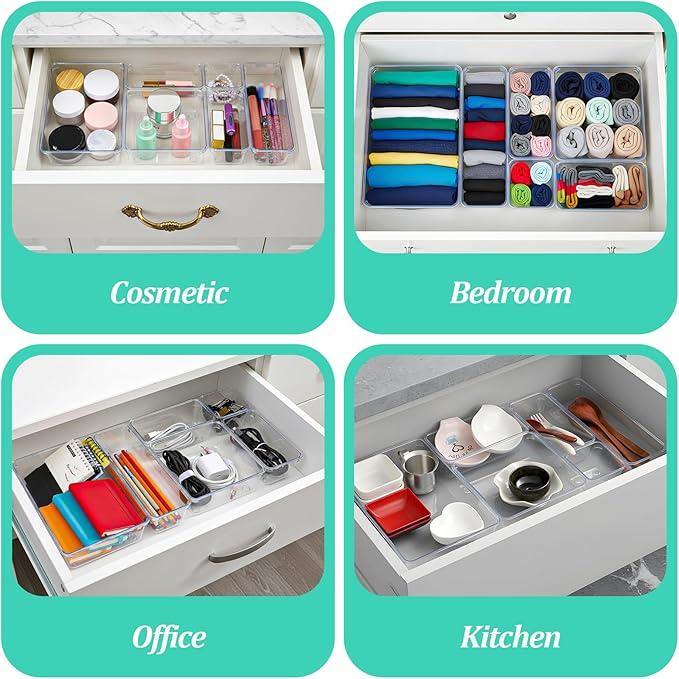 16 Pack Plastic Drawer Organizers Set, 5-Size Kitchen and Office Desk Drawer Organizer Trays, Acrylic Non Slip Storage Bin Divider for Makeup,Jewelry,Gadgets Utensils,Bedroom,Bathroom Vanity,Clear