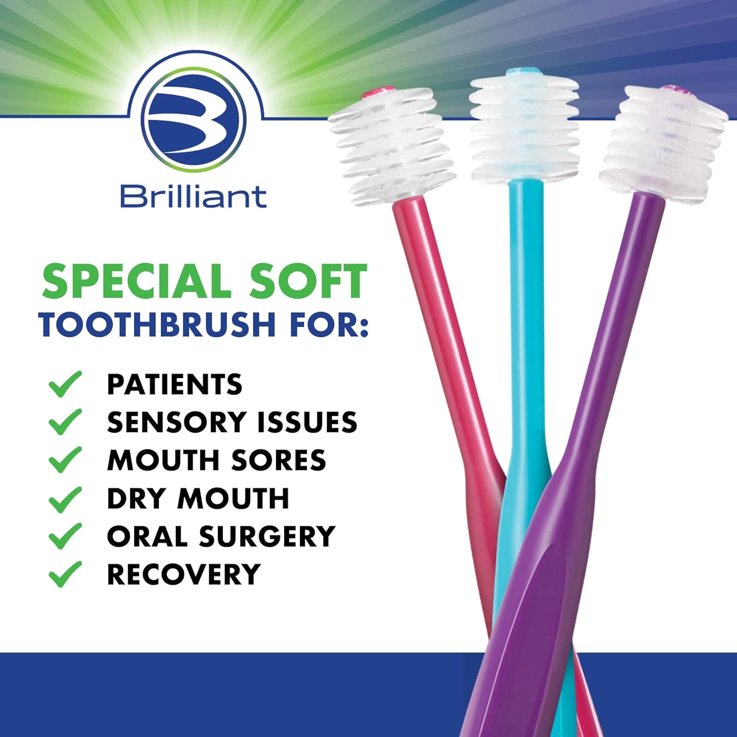 Brilliant Specialty Adult Round Toothbrush for Sensitive Mouths to Support Chemo and Other Sensory Oral Care Needs with Ultra Soft Bristles, Violet, 3 Pack
