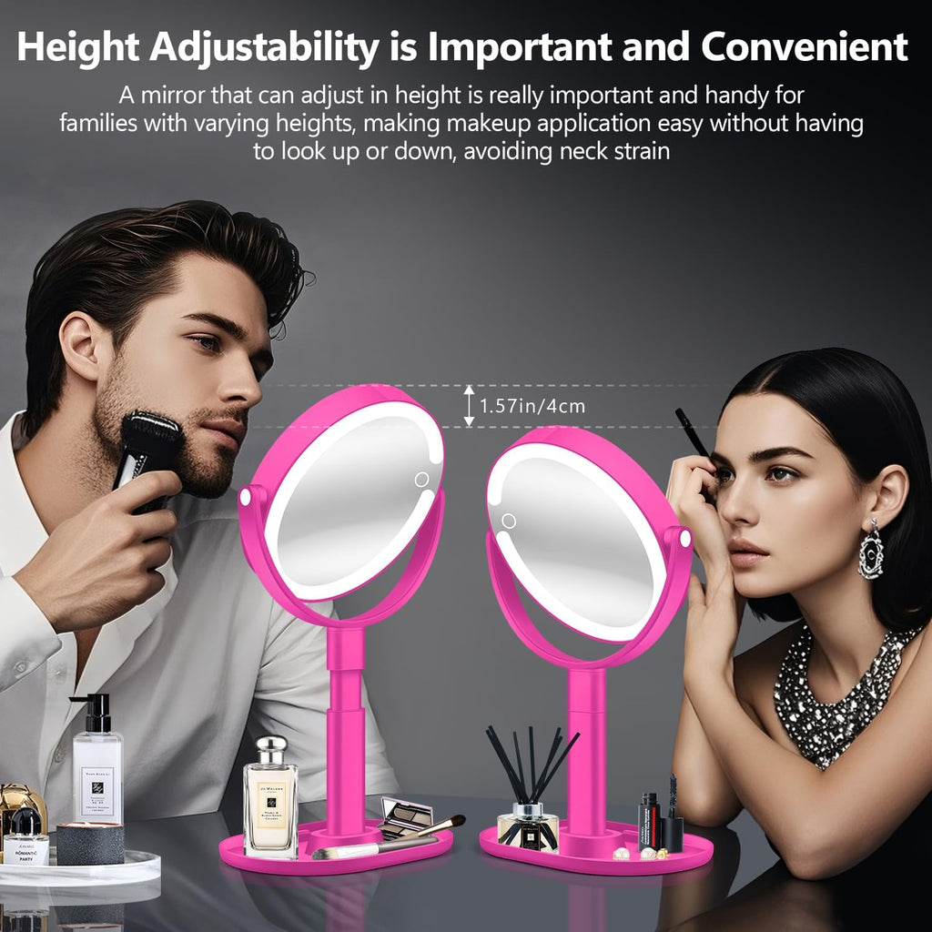 MIYADIVA Makeup Mirror with Lights, 30X Magnifying Mirror with Light and Touch Switch, Vanity Mirror with 3 Color Light and 80 LEDs, Height Adjustable Desk Mirror with Lights, Hot Pink