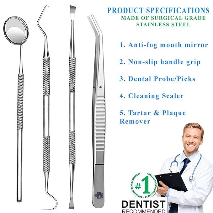 Professional Dental Tools - Dental Pick, Dental Scaler for Tartar Plaque Remover Tooth Cleaner Teeth Scraper Dentist Hygienist Kit Sickle Scaler Teeth Cleaning Set Stainless Steel 4 Pc By Krisp Beauty