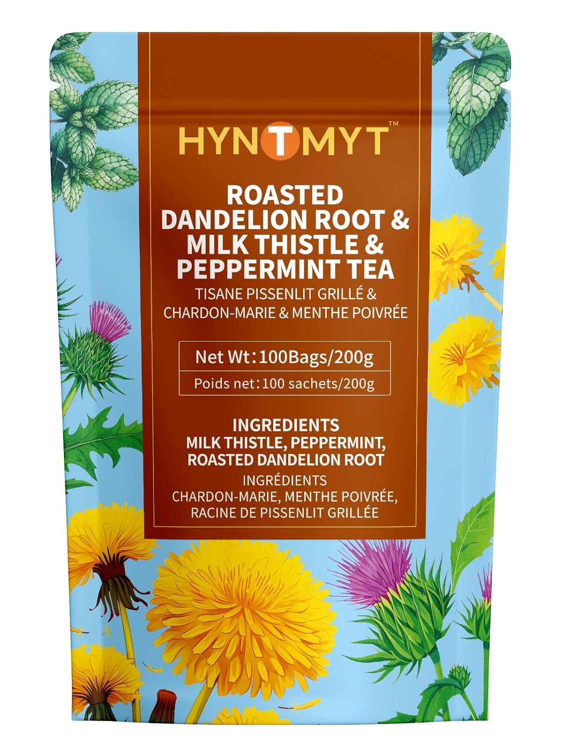 HYNTMYT Roasted Dandelion Root with Milk Thistle & Peppermint Tea Bags, Wellness, Refreshing Mint Flavor Dandelion tea, 100 Count