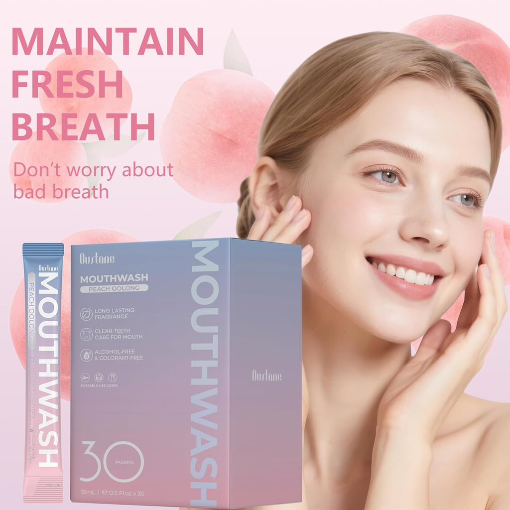 Travel Size Mouthwash, Peach Oolong Flavor, Alcohol-Free, 30-Pack Portable Packets, 0.5 Fl Oz Each, Long-Lasting Freshness (30)