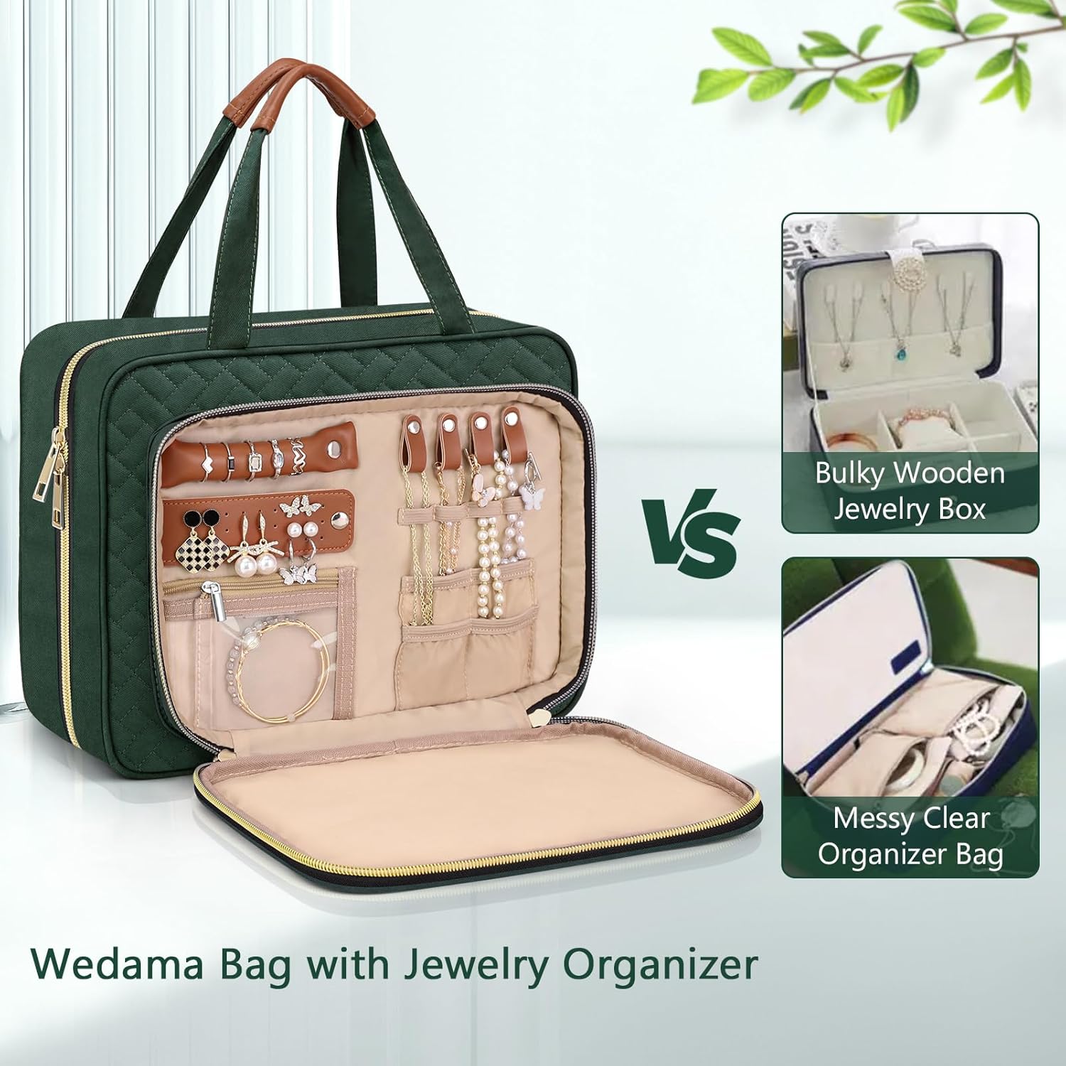 Wedama Toiletry Bag for Women, Hanging Travel Toiletry Bag with Jewelry Organizer Compartment Large Makeup Bag, PVC Waterproof Cosmetic Travel Bag Trips Camping Bathroom, Dark Green
