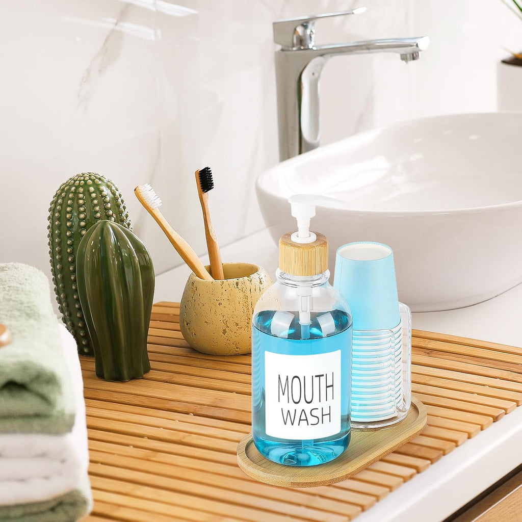 Mouthwash Dispenser with Cup Holder, Plastic Mouth Wash Pump Bottle with Tray for Bathroom Organizers, 17oz Refillable Clear Mouthwash Container - Bamboo