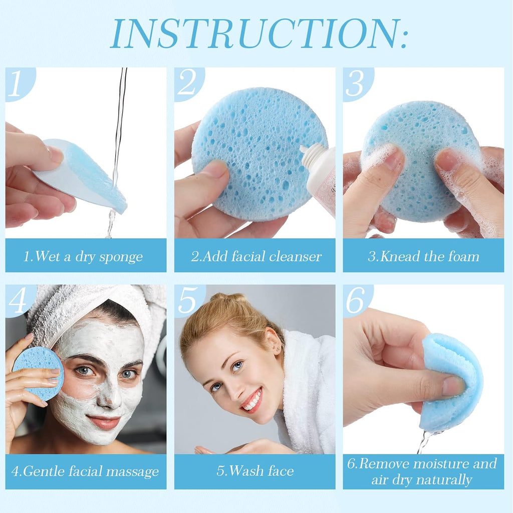 Sieral 120pcs Compressed Facial Sponges Disposable Natural Face Sponges Round Soft Pads with Container for Washing Face Cleansing Exfoliating Esthetician Makeup Removal Travel(Light Blue)