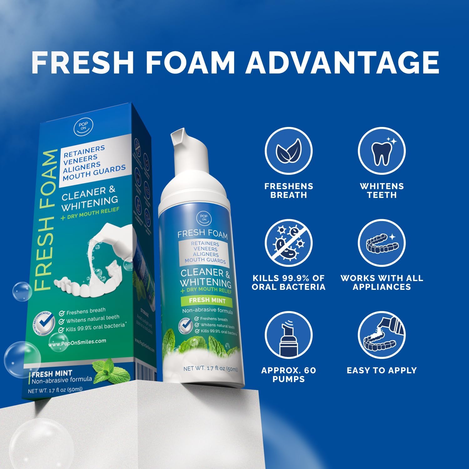 Aligner & Retainer Cleaner Fresh Foam – Dry Mouth Relief, Compatible with All Clear Aligners, Retainers, Mouth Guards, Night Guards, Veneers, Whitens, Freshens, 3% Hydrogen Peroxide, Mint - 50ml 3pcs
