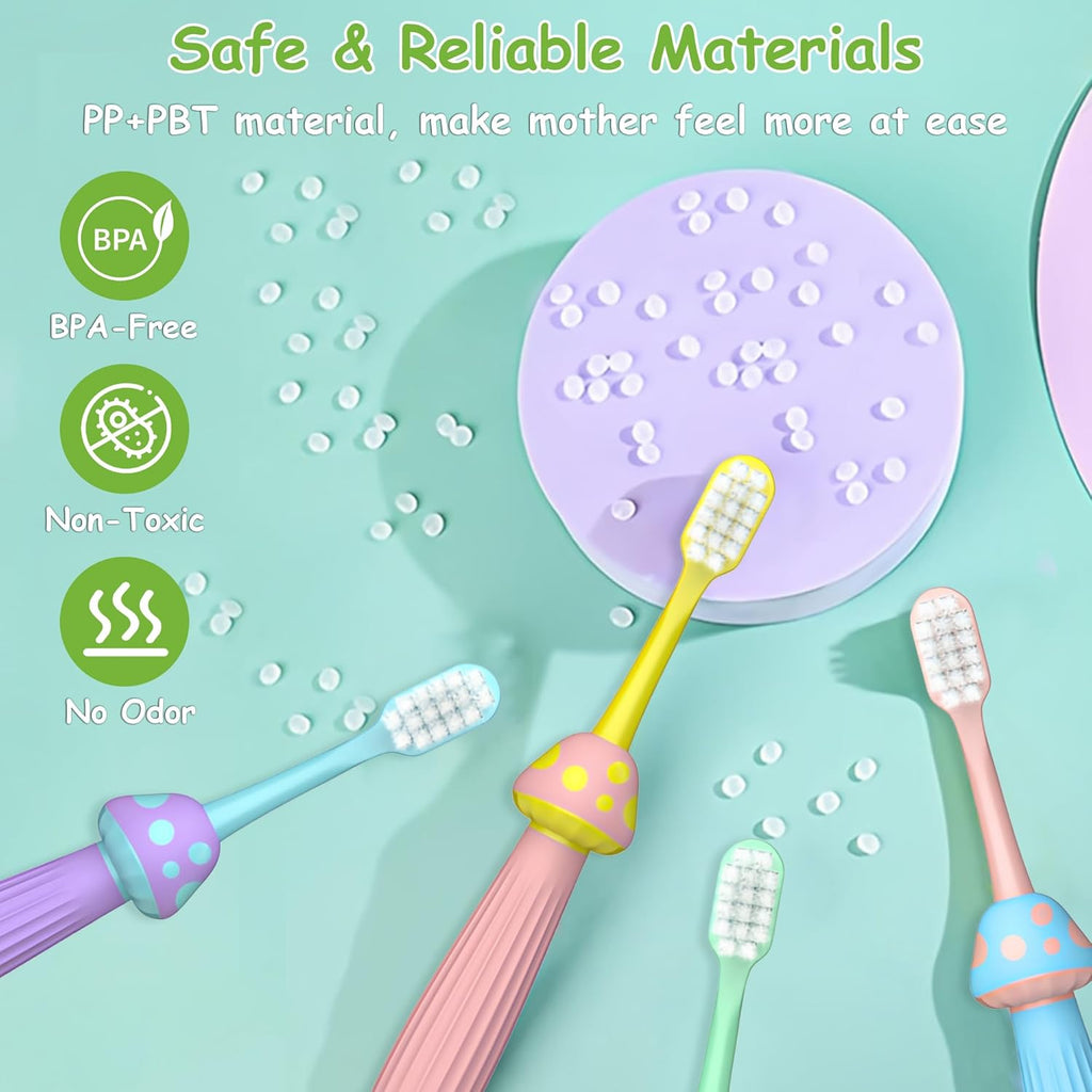 Kids Toothbrushes 4 Pack, Extra Soft Toddler Toothbrush 1-12 Years, Cute Mushroom Baby Toothbrush Multicolor Infant Training Tooth Brush Complete Tooth and Gum Care, Easy to Grip