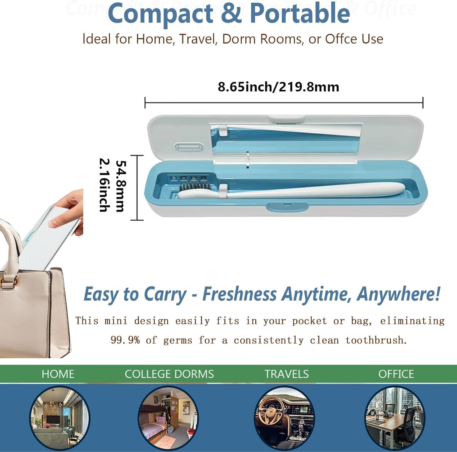 UV-C Toothbrush Case for Travel, Portable Toothbrush Case with Holder, USB-C or AA Battery Powered, Plastic Tooth Brush Container Cover for Household STB-062 Blue