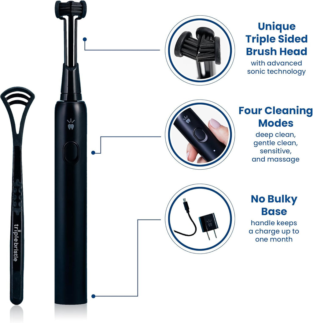 Triple Bristle Max Sonic | 3 Sided Toothbrush w/ 4 Modes | Dentist Created & Approved | Soft Charcoal Infused Nylon Bristles | Rechargeable & Waterproof