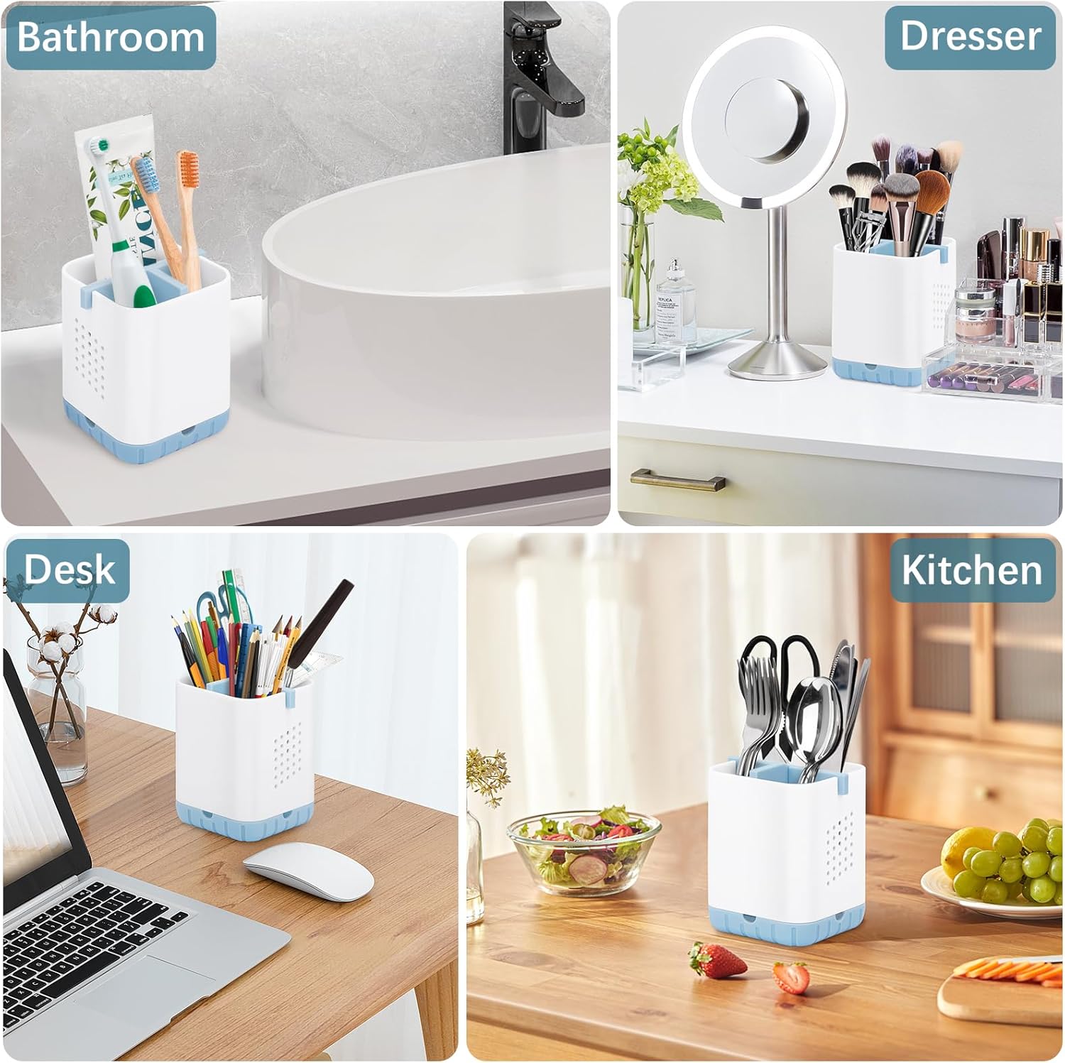 Boperzi Toothbrush and Razor Holder for Bathrooms - Countertop Organizer With Drainage, Anti-Slip Kids Toothpaste Caddy for Electric Toothbrush, Shower, Vanity - Blue