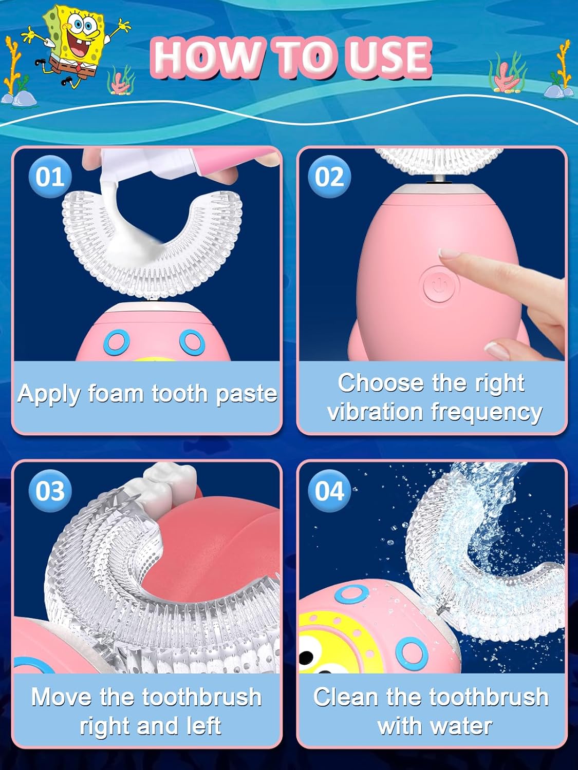 FTOYIN Kids Electric Toothbrush with 3 Brush Heads, U Shaped Ultrasonic Toothbrush Kids with 5 Modes, 45s Smart Reminder, 360-Degree Automatic Cleaning, IPX7 Waterproof Design