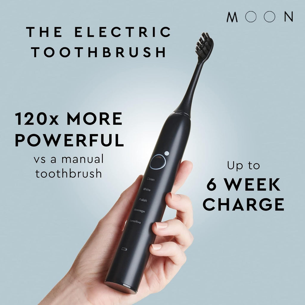 MOON Sonic Electric Toothbrush for Adults & Teens, Black, 5 Smart Modes, Clean, White, Massage, Polish & Sensitive, Rechargeable with Travel Case & 2 Brush Heads, Industry-Leading 6 Week Charge