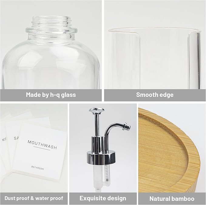 17OZ Mouthwash Clear Glass Pump Dispenser with Disposable Mouthwash Cups Holder Refillable Clear Container with Bamboo Tray, Mouthwash Labels