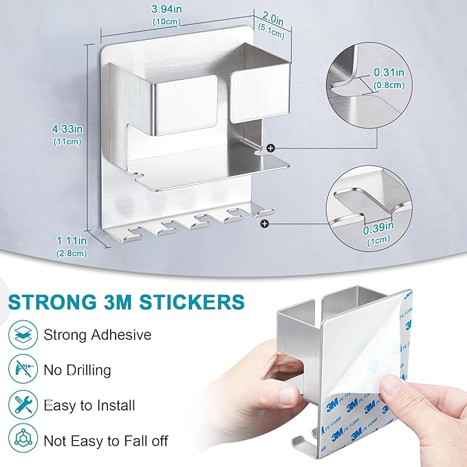 Toothbrush Holder, Electric Toothbrush Head Holder, Stainless Steel Brushed Toothpaste & Razor Organizer, Adhesive Mounted for Shower Bathrooms