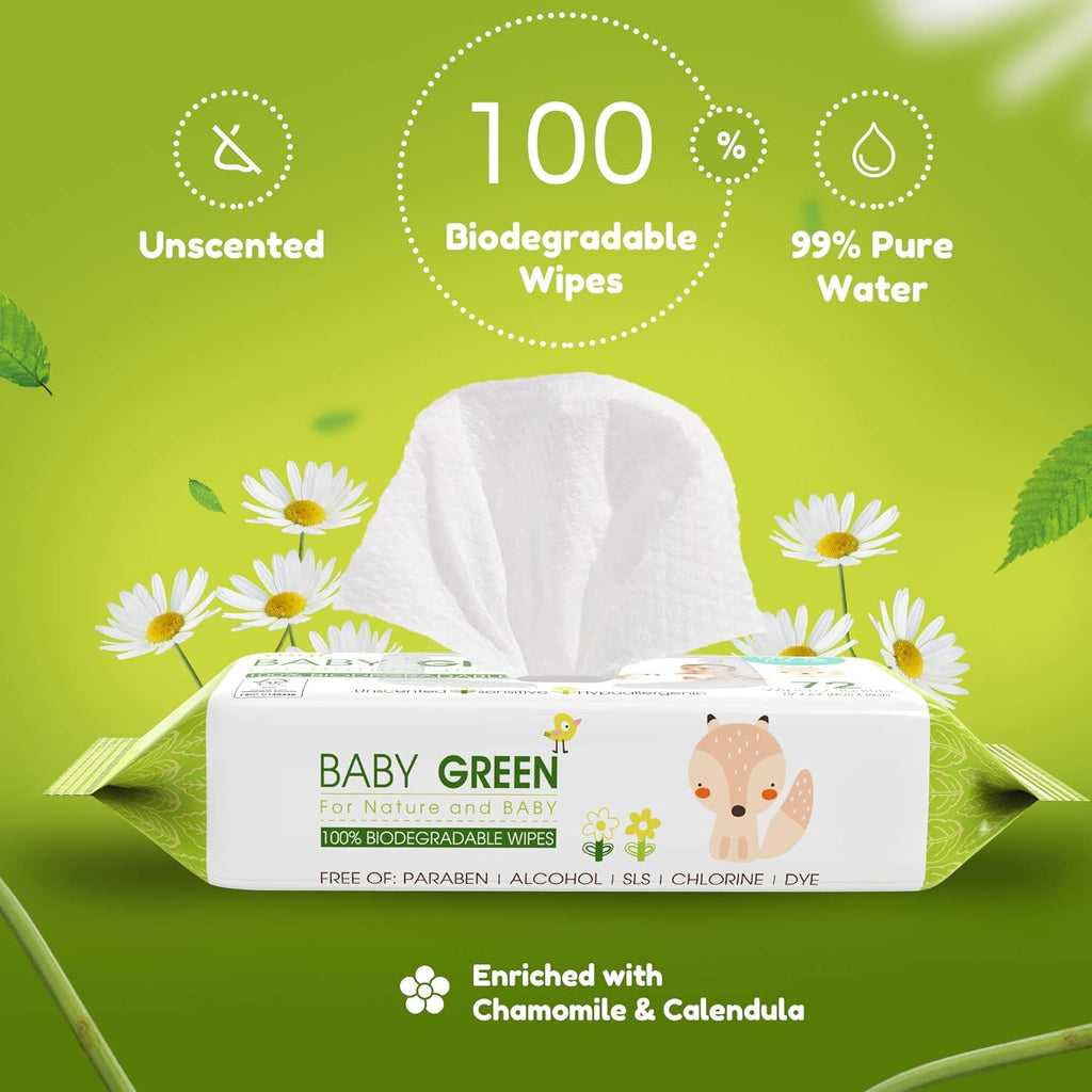 Yugi Green Baby Wipes – Unscented, Compostable, Biodegradable, Plant-Based, Fragrance-Free, for Sensitive Skin & Babies – 6 Packs of 72 (432 Count)