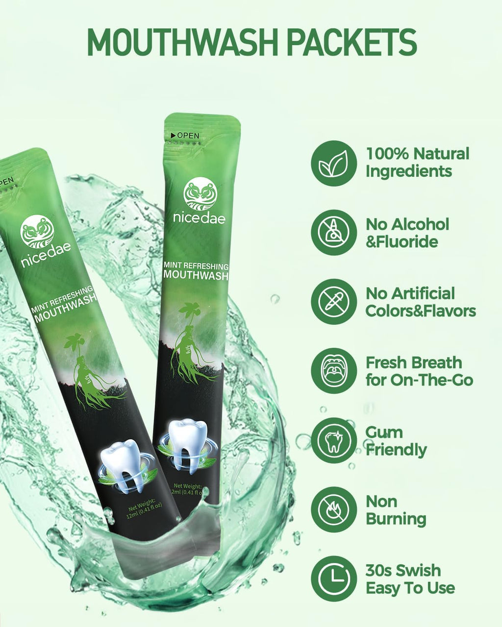 Travel Size Mouthwash Portable Packets Alcohol-Free & Fluoride-Free Fresh Mint Mouth Wash 30 Individual Wrapped Cruise Essentials