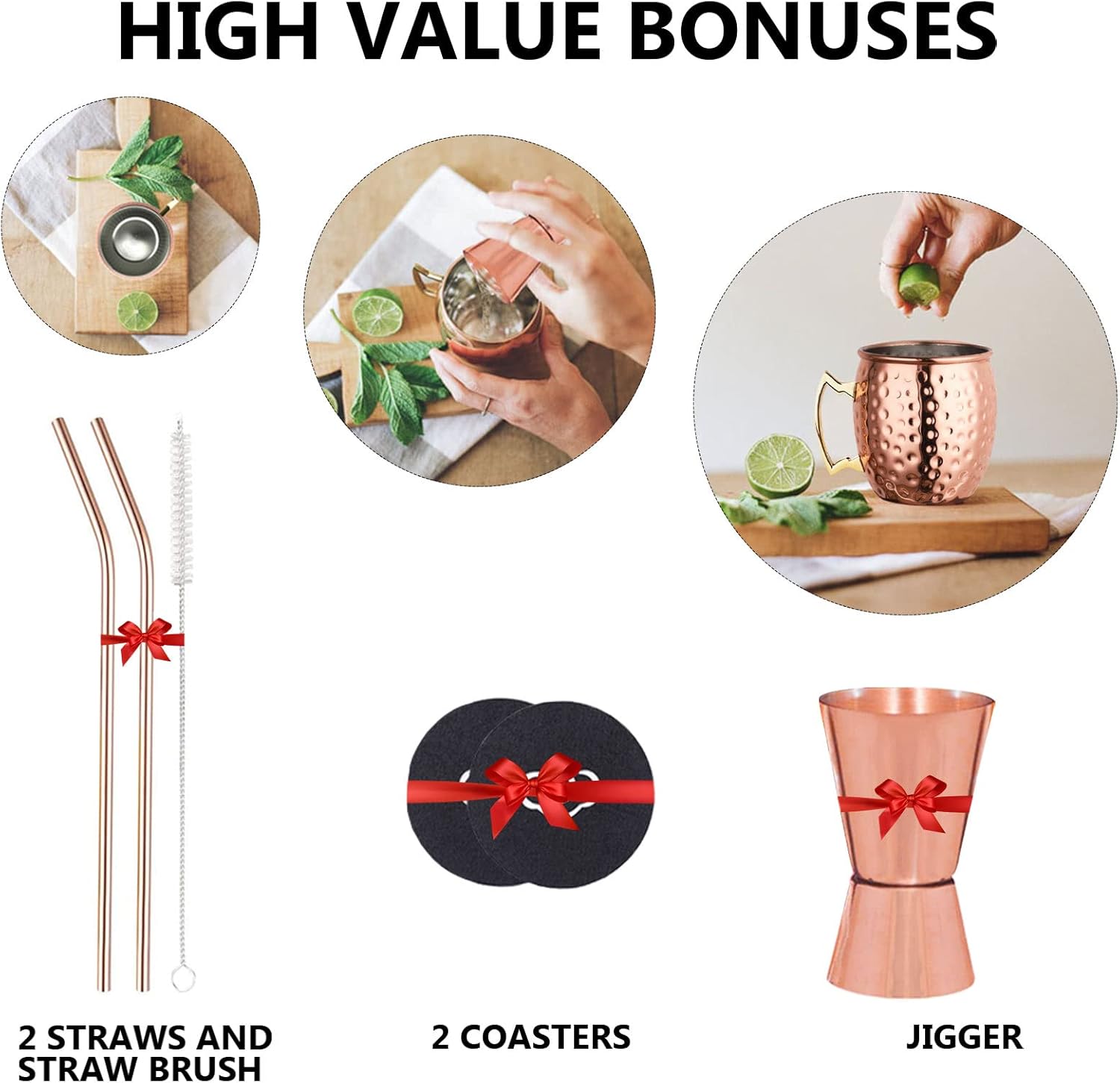 LIVEHITOP Moscow Mule Copper Mugs Set of 2, 19.5 Oz Handcrafted Copper Cups Stainless Steel Lining with Jigger, Straws, Brush, Coasters for Party, Bar, Gift