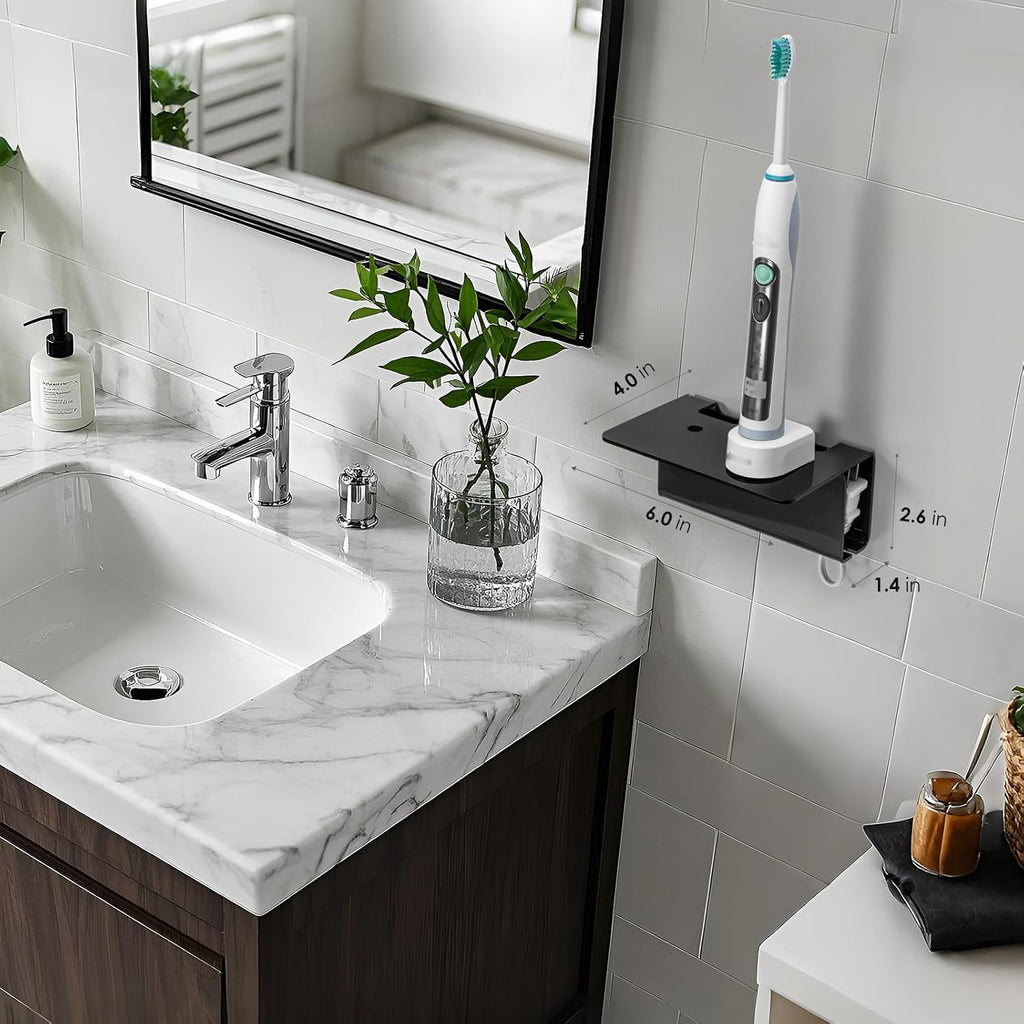 Modern Acrylic Wall Mounted Electric Toothbrush Holder with Hidden Cable Management - Space-Saving Bathroom Organizer for Shower-Safe, Waterproof Adhesive Mount No Drill-Matte Black