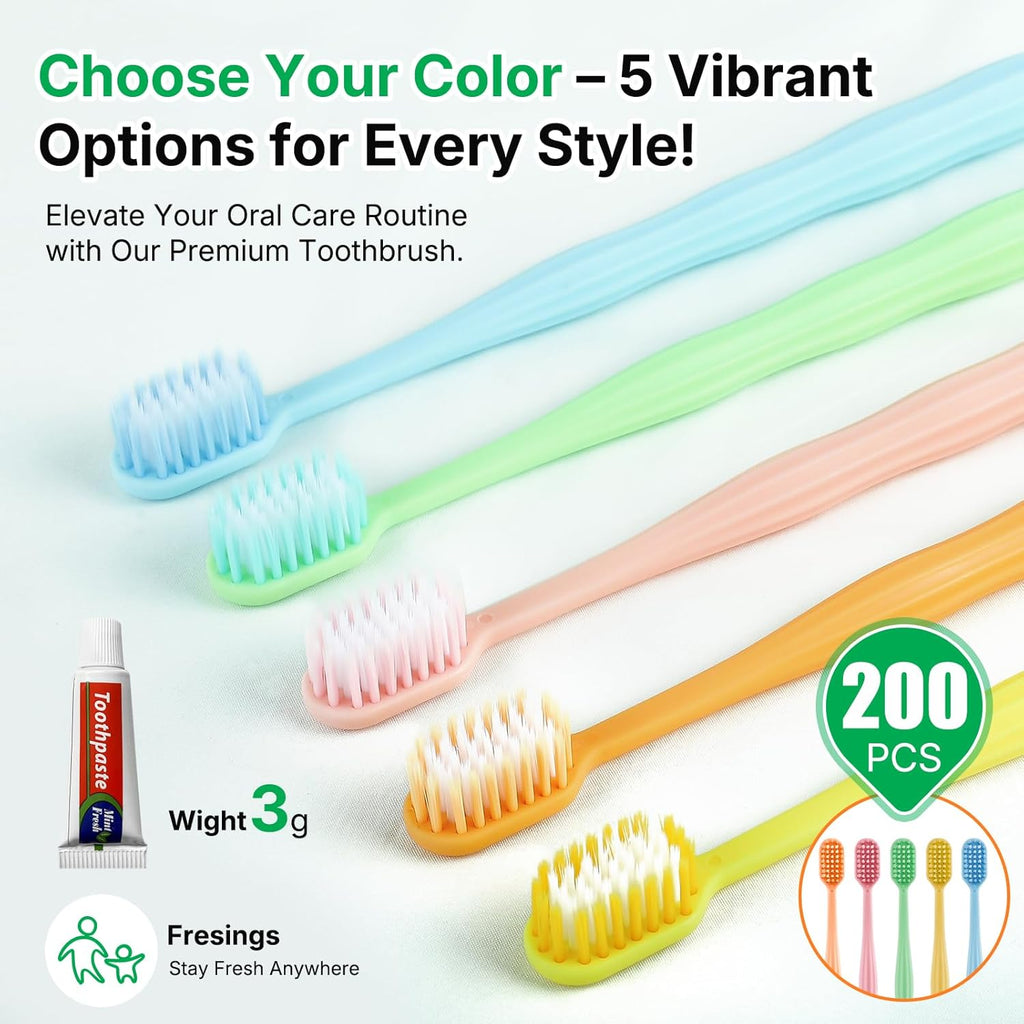 200 Pack Disposable Toothbrushes with Toothpaste, Individually Wrapped Soft Bristle Travel Toothbrush Bulk, Hotel Guest Amenities, Mint 3g Toothpaste Set for Camping, Donation & Oral Care Kit