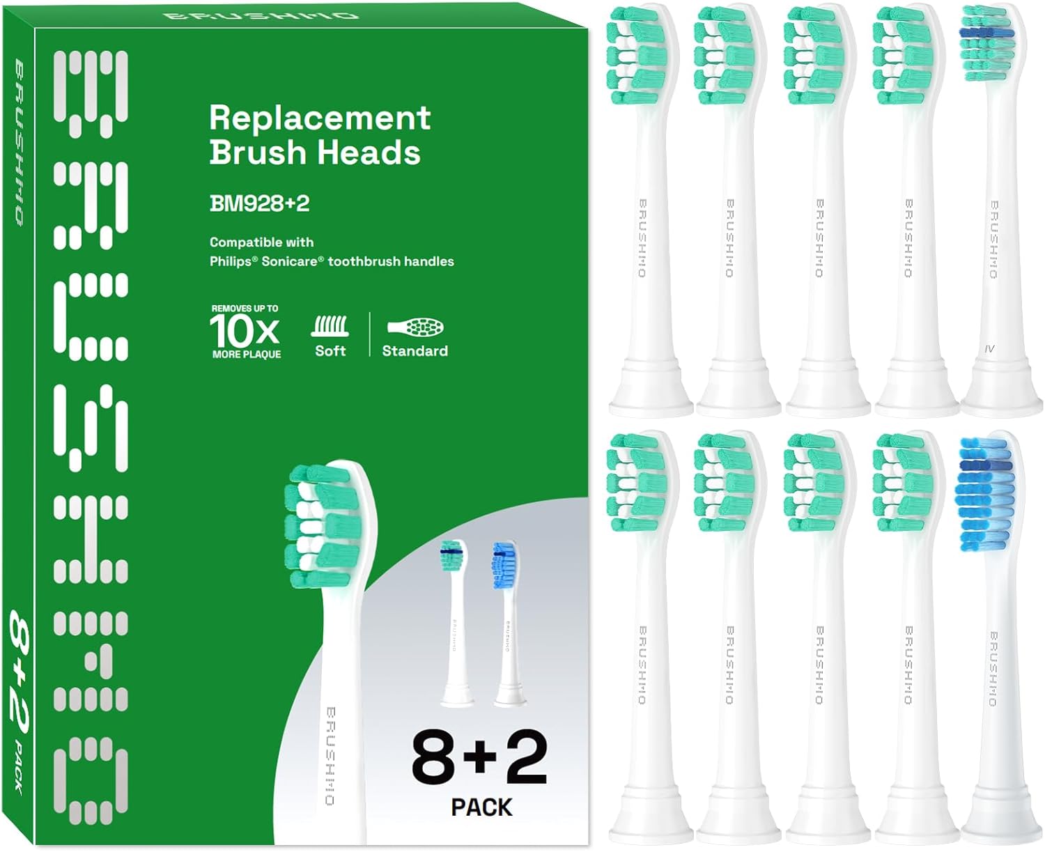 Brushmo Replacement Toothbrush Heads Compatible with Philips Sonicare Electric Toothbrush, White, 10 pc Variety Pack