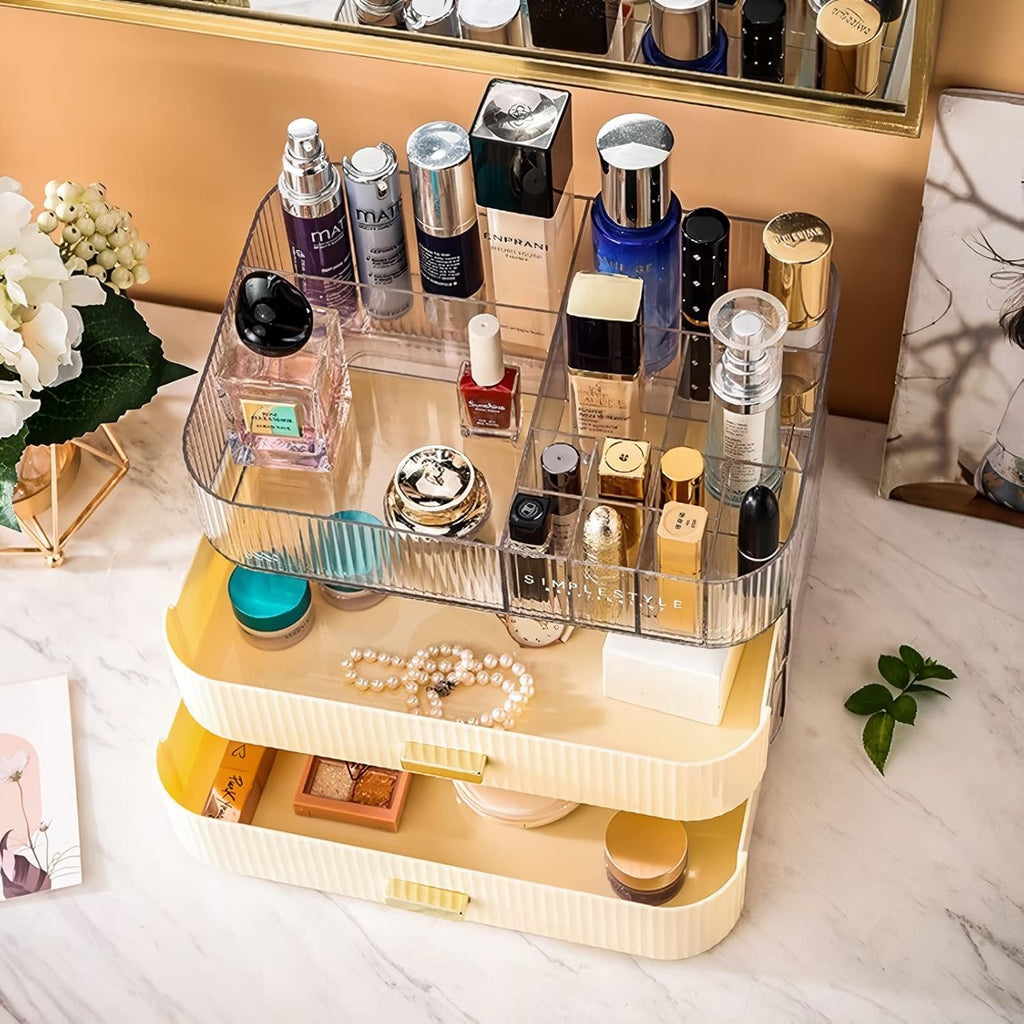 Makeup Organizer with Stackable Drawers, Bathroom Countertop Vanity Organizers and Storage, Ideal for Desk and Dresser, Great for Cosmetics, skin Care, Lipsticks, Nail Care -Cream White