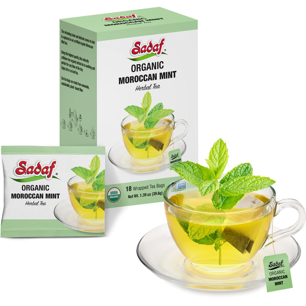 Sadaf Organic Moroccan Mint Tea - Mint Tea Bags - Ideal for Hot or Iced Tea - Organic Herbal Tea - Kosher - 18 Wrapped Tea Bags