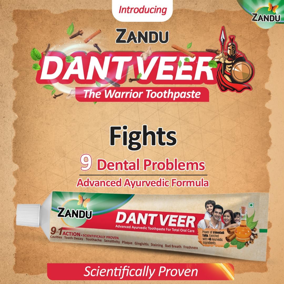 Zandu Dantveer, Fights 9 Dental Problems, with Irimedadi Oil, Advanced Ayurvedic Oral Care Toothpaste, Scientifically Proven Formula (200gm/7 Oz)