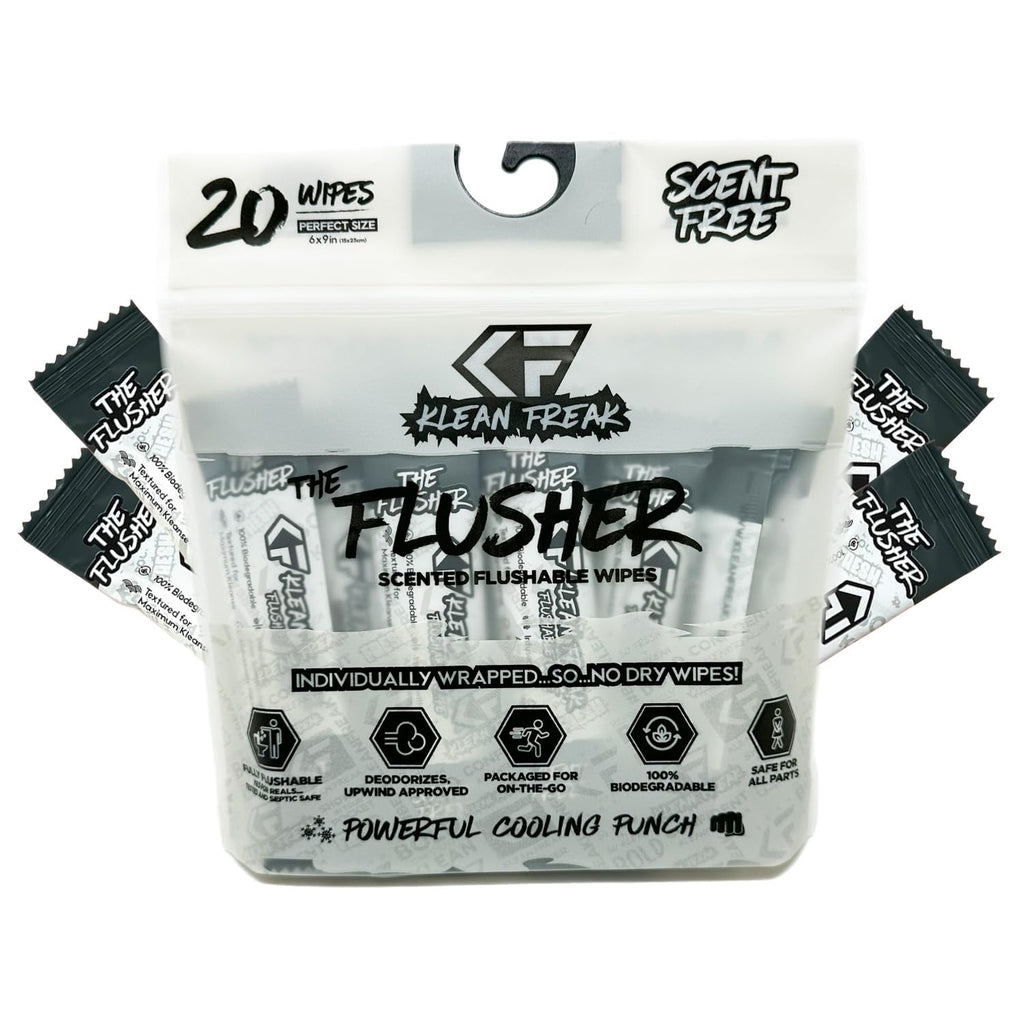 THE KLEAN FREAK FLUSHER - Flushable Wipes For Adults & Kids Unscented/Scented - 100% BIODEGRADABLE Individual Wrapped Travel WET Wipe for Toilet - Soothing Aloe & Witch Hazel - Alcohol Free 20 Pack