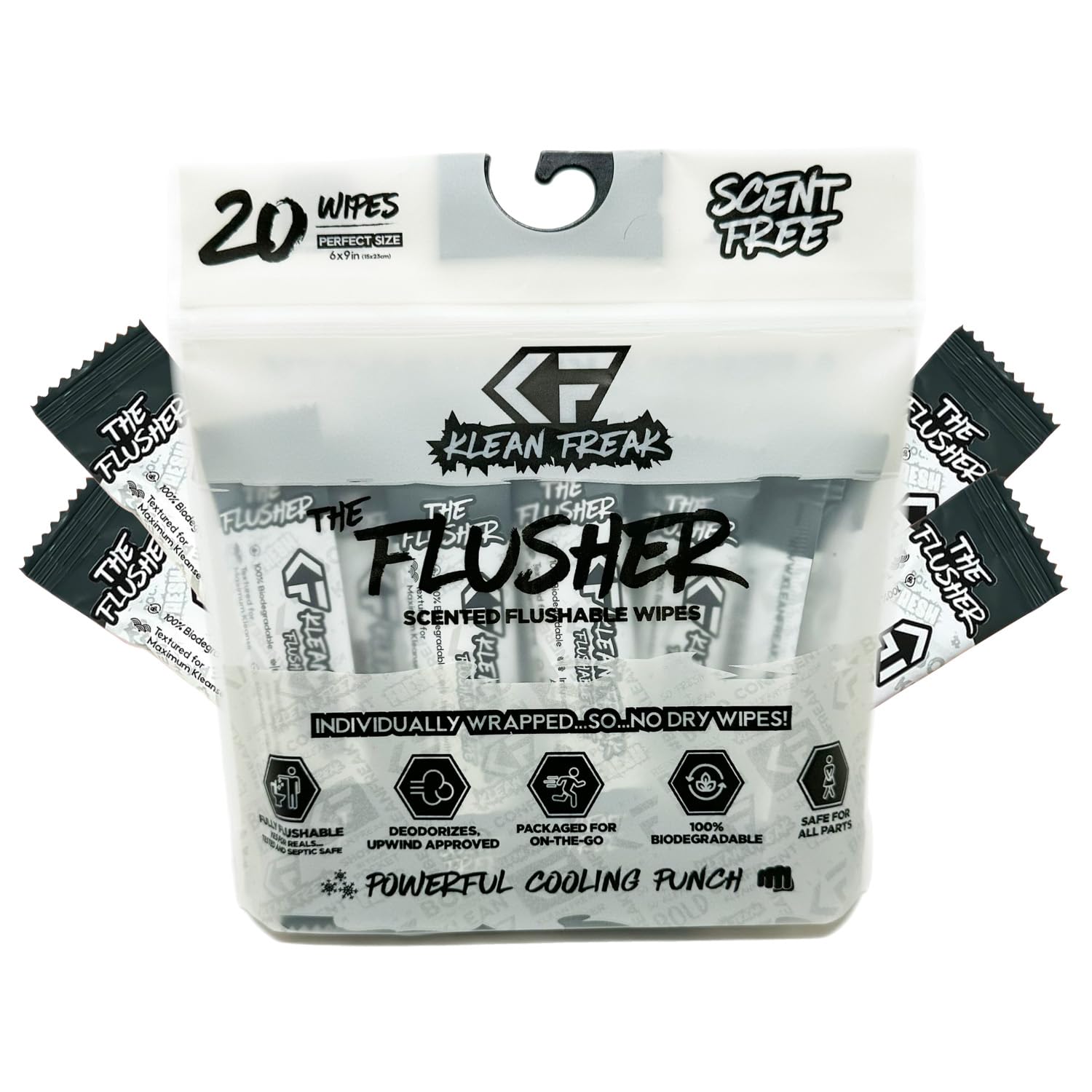 THE KLEAN FREAK FLUSHER - Flushable Wipes For Adults & Kids Unscented/Scented - 100% BIODEGRADABLE Individual Wrapped Travel WET Wipe for Toilet - Soothing Aloe & Witch Hazel - Alcohol Free 20 Pack