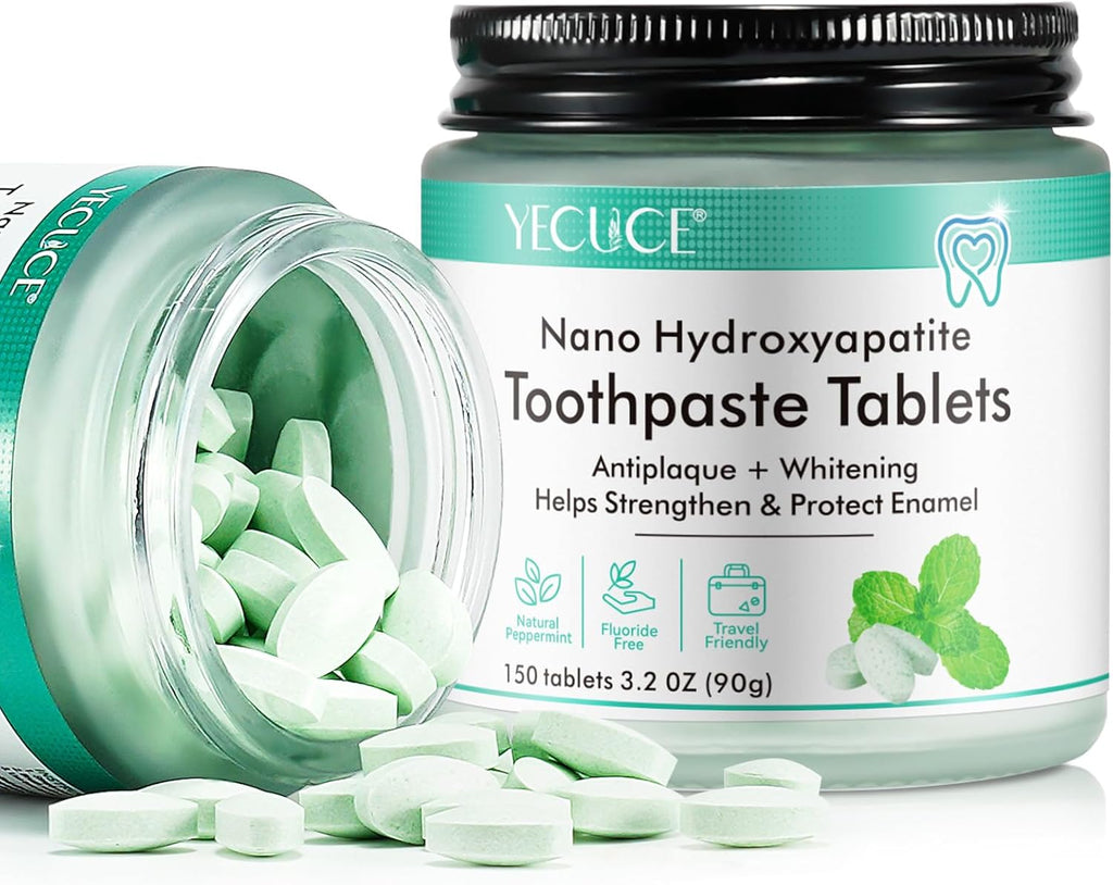 Toothpaste Tablets,150 Nano Hydroxyapatite Toothpaste Tablets, Chewable Xylitol Toothpaste Tablets, Fluoride-Free - Natural Whitening Remineralizing Travel-Friendly Eco Tabs, Peppermint
