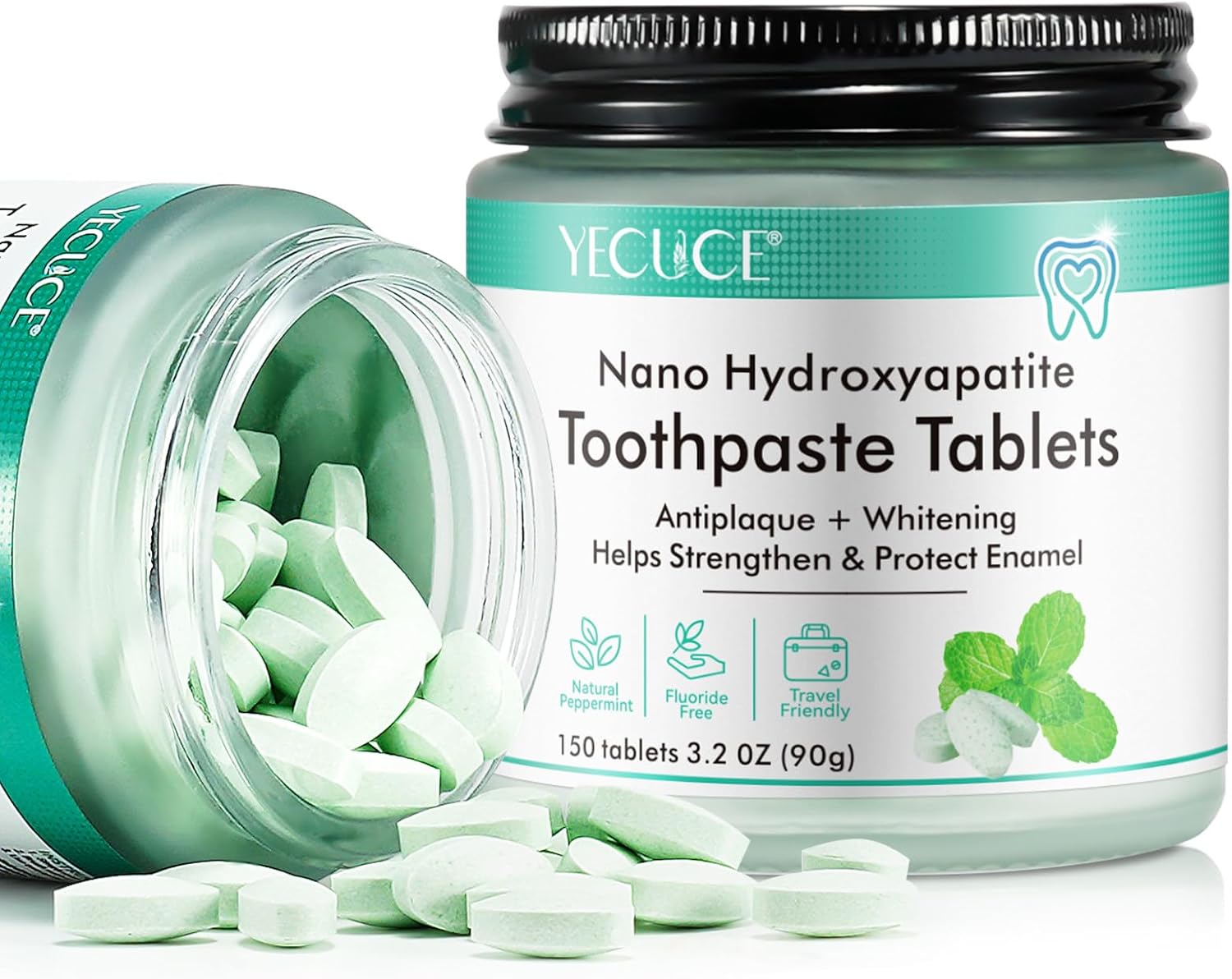 Toothpaste Tablets,150 Nano Hydroxyapatite Toothpaste Tablets, Chewable Xylitol Toothpaste Tablets, Fluoride-Free - Natural Whitening Remineralizing Travel-Friendly Eco Tabs, Peppermint