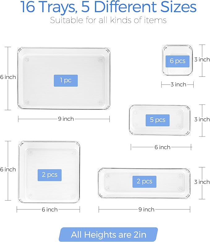 Ravinte 16 PCS Drawer Organizer Plastic Storage Bins, 5 - Size Kitchen Drawer Organizer with Non-Slip Pads Clear Desk Storage Tray for Makeup, Jewelries, Kitchen Utensils and Office