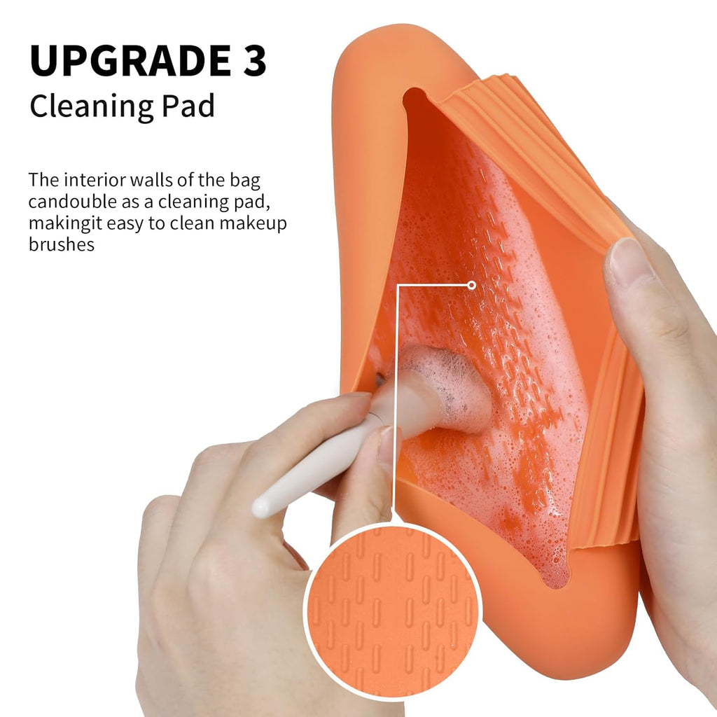 Silicone Makeup Brush Holder Travel Cosmetic Bag：Soft Portable Cosmetic Face Brushes Holder with Upgrade Anti-Fall Out Magnetic Closure, Large Travel Makeup Brush Case - Orange
