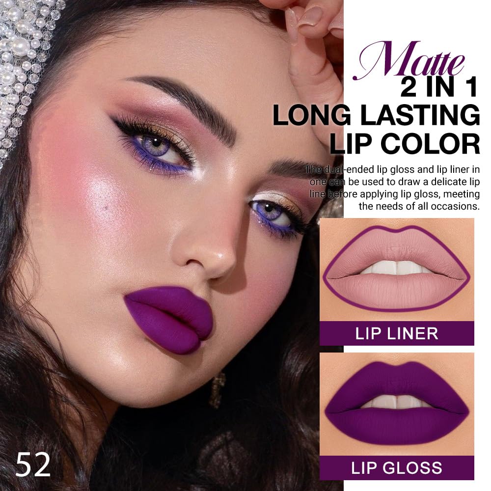 1Pcs 2 in 1 Purple Matte Lip Liner and Liquid Lipstick Stain Makeup Set for women, Purple Long Lasting Smudge Proof Lip Tint Matte Finish Lip Gloss for All-Day Color Hold Easy to Use 52#