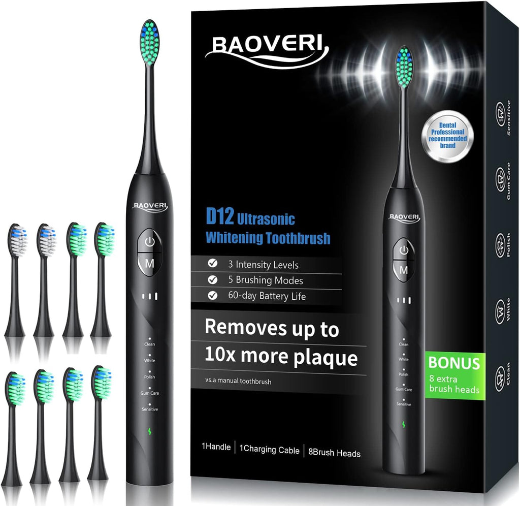 BAOVERI Electric Toothbrush with 6 Dupont Brush Heads, Rechargeable Ultrasonic Electric Toothbrushes, IPX7 Waterproof, 5 Modes, 2 Minutes Smart Timer, 4 Hours Fast Charge for 60 Days