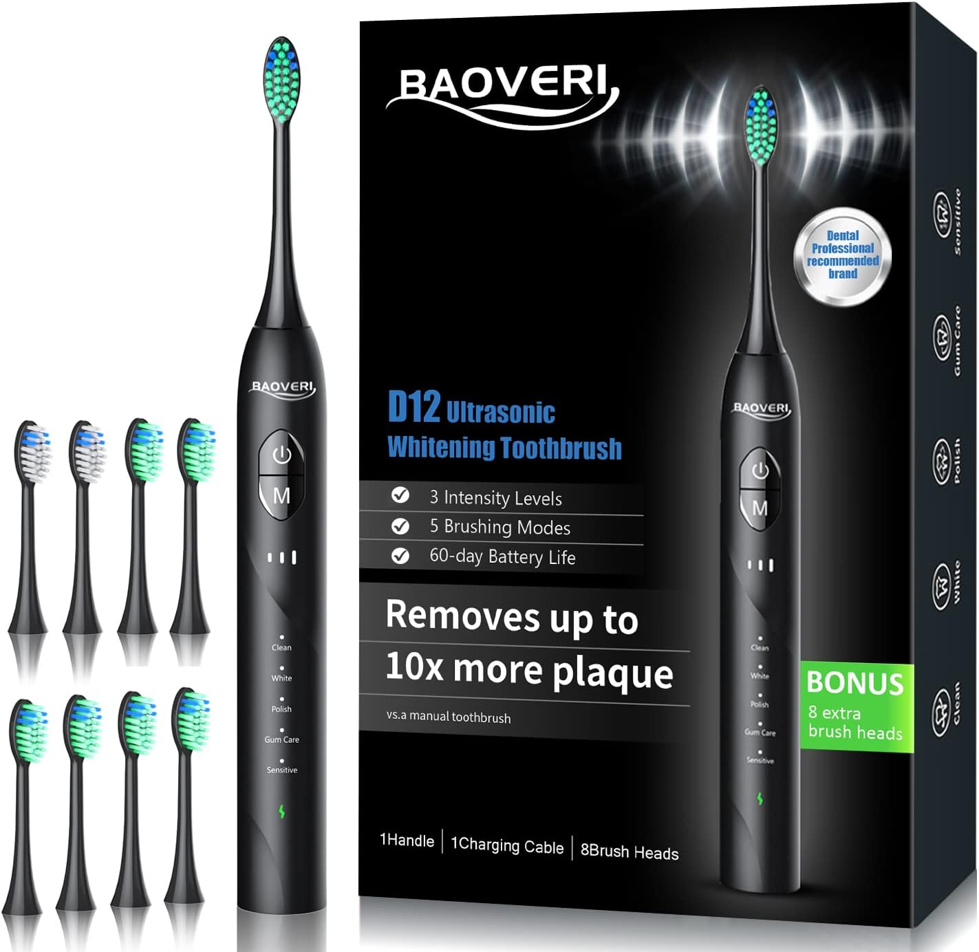 BAOVERI Electric Toothbrush with 6 Dupont Brush Heads, Rechargeable Ultrasonic Electric Toothbrushes, IPX7 Waterproof, 5 Modes, 2 Minutes Smart Timer, 4 Hours Fast Charge for 60 Days