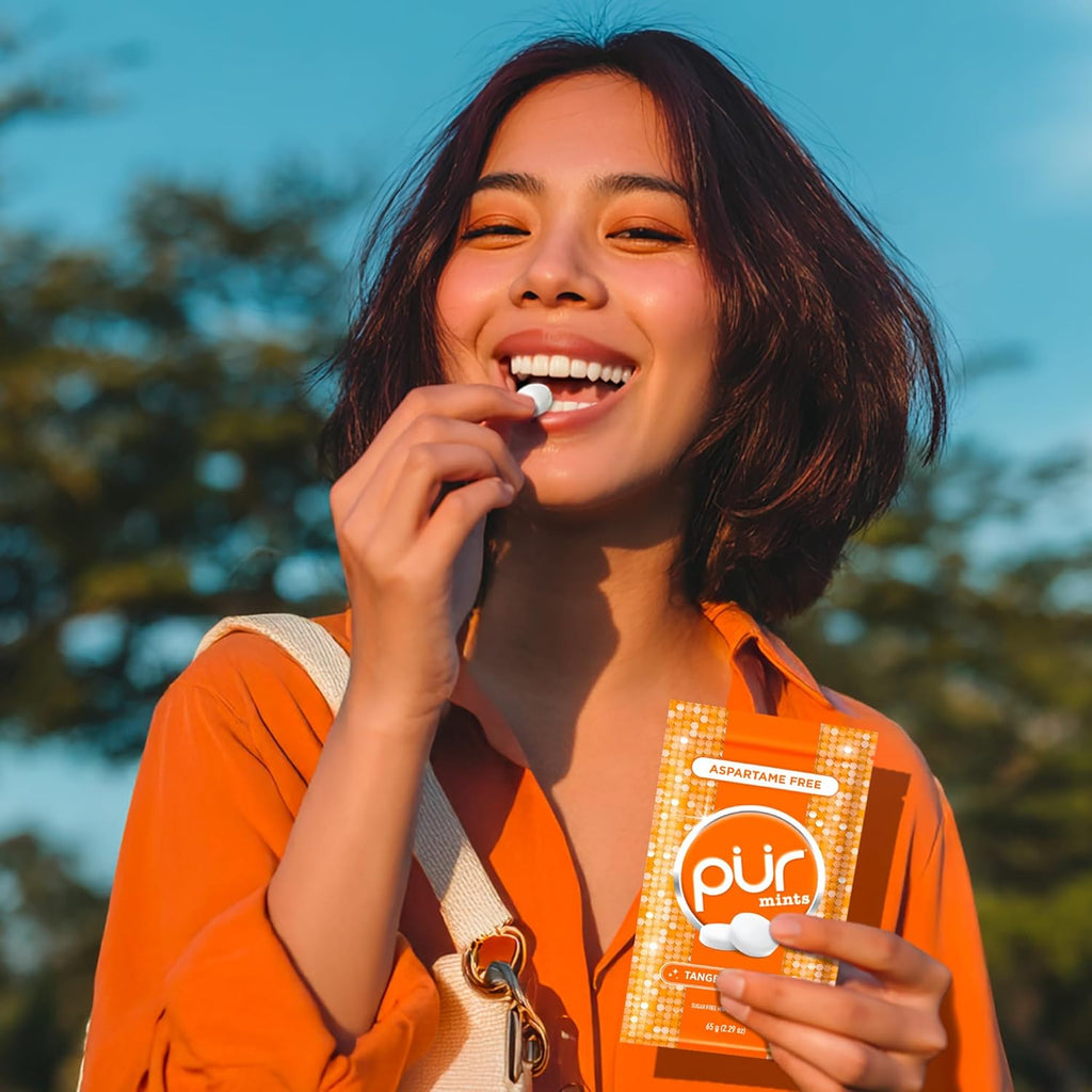 PUR Mints | Aspartame Free Breath Mints | Made with Xylitol | Sugar Free, Vegan, Gluten Free | Natural Tangerine Tango Flavor | 65 Pieces in Re-Sealable pouch (Pack of 1)