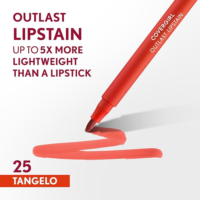 Covergirl Outlast, 25 Tangelo, Lipstain, Smooth Application, Precise Pen-Like Tip, Transfer-Proof, Satin Stained Finish, Vegan Formula, 0.06oz