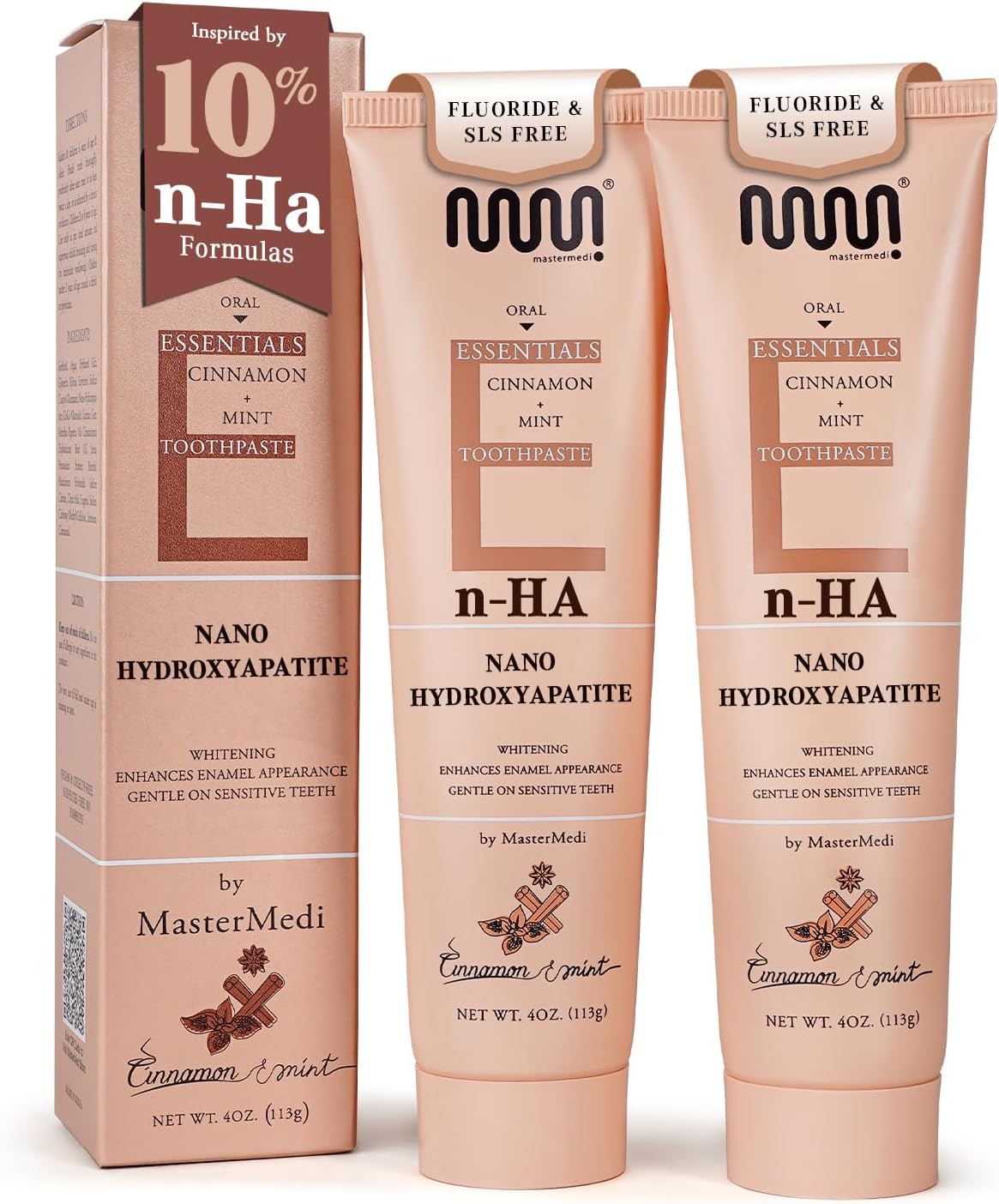 MasterMedi Nano Hydroxyapatite Toothpaste (Inspired by 10% nHA Formulas), Fluoride-Free, Whitening & Sensitivity Relief, Enamel Repair Support, SLS-Free, Xylitol, Mint & Cinnamon 4 Oz (Pack of 2)