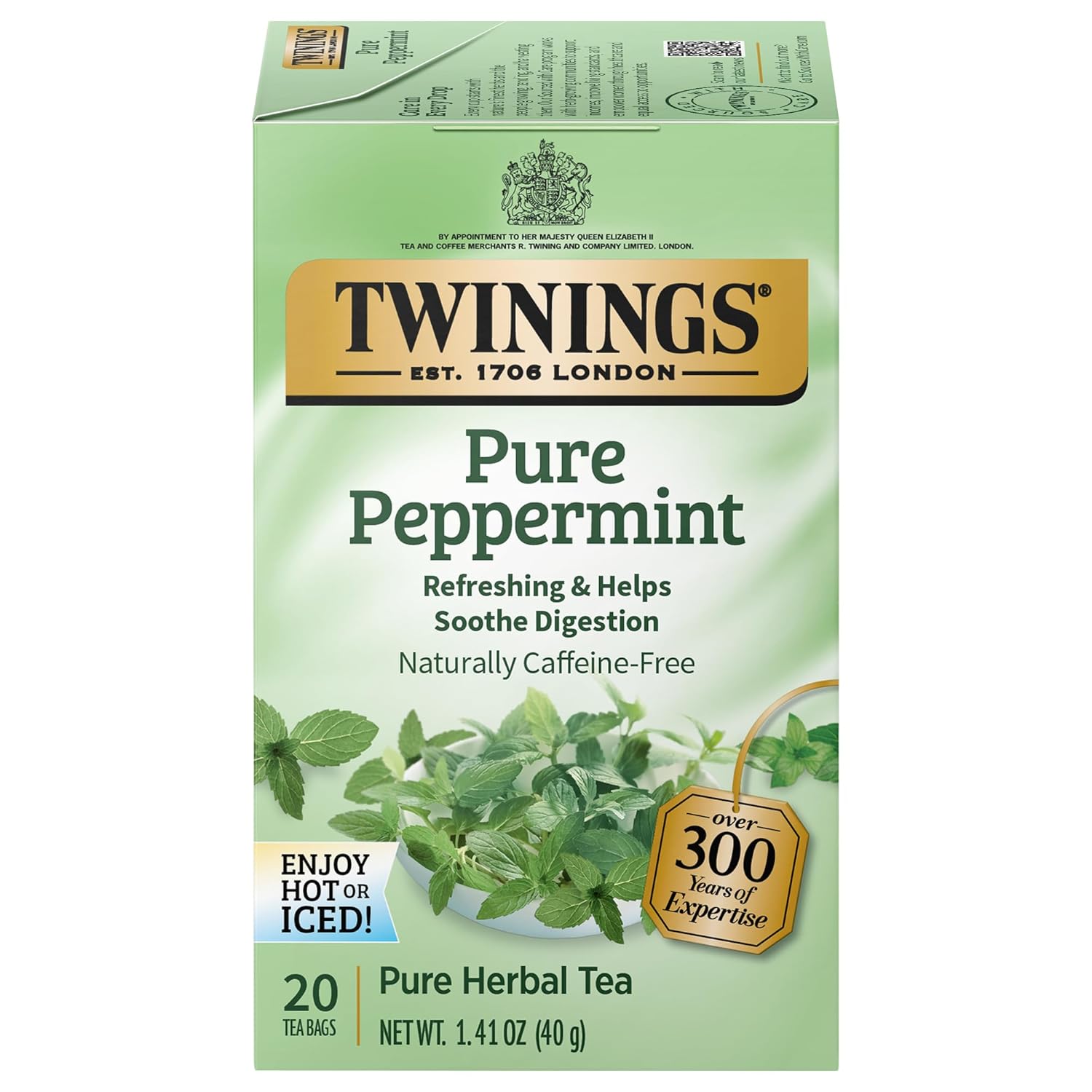 Twinings Pure Peppermint Herbal Tea Individually Wrapped Bags, 20 Count (Pack of 1), Fresh Minty Flavour, Naturally Caffeine-Free, Enjoy Hot or Iced, 20 Teabags